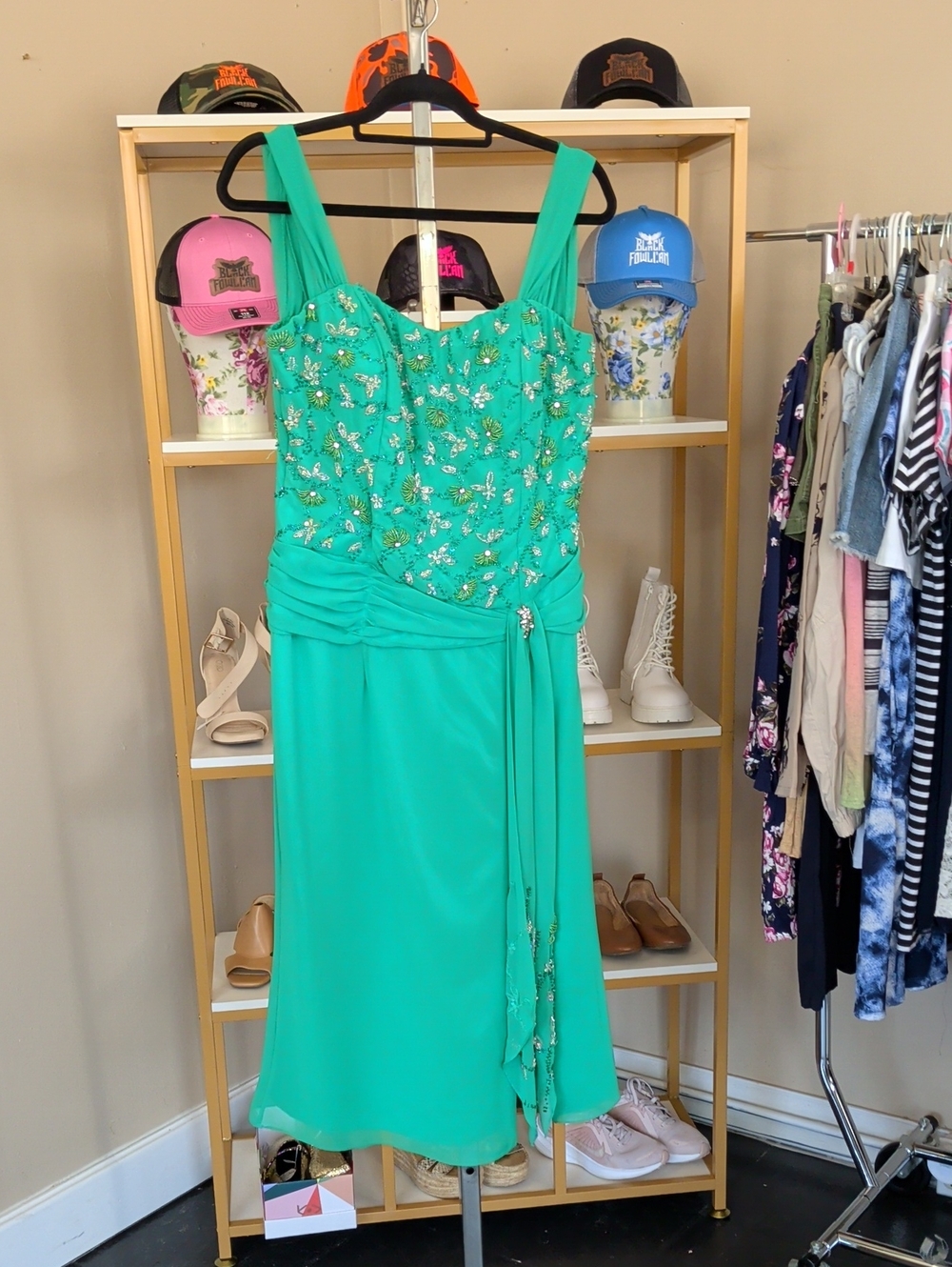 Beaded Kelly Green Midi Dress with Draped Waist